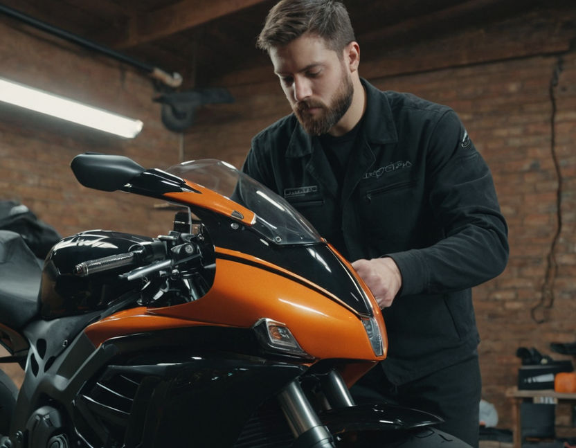 guy with beard polishing an orange motorcycle