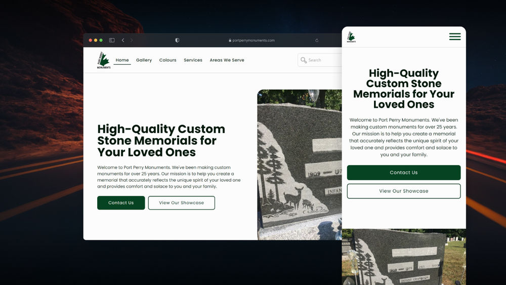 Image of the completed Port Perry Monuments website design by Modall Media, showcasing a sophisticated and respectful layout. The homepage features elegant typography, serene imagery of memorial stones, and intuitive navigation. The design emphasizes the company