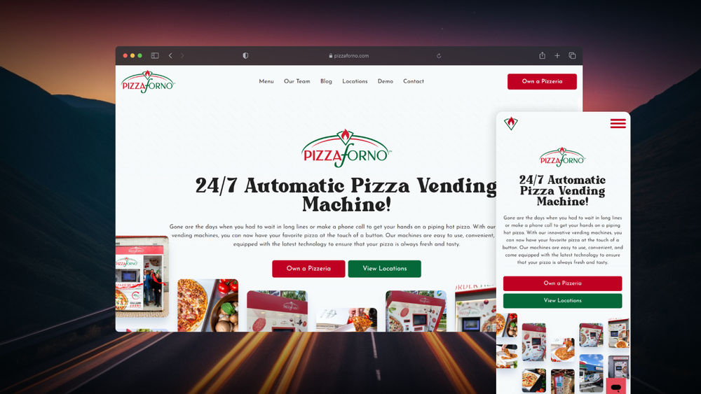 Image of the completed PizzaForno website design by Modall Media, featuring a dynamic homepage with vibrant colors, engaging visuals of the pizza vending machines, and easy-to-use navigation. The site highlights key features, benefits, and a seamless user experience, reflecting PizzaForno