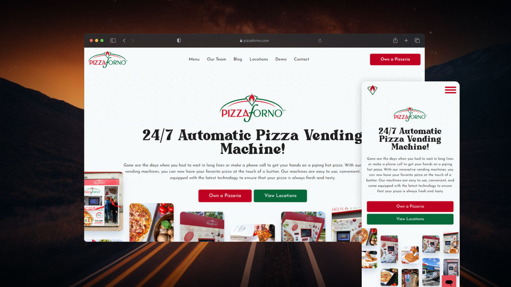 Image of the completed PizzaForno website design by Modall Media, featuring a dynamic homepage with vibrant colors, engaging visuals of the pizza vending machines, and easy-to-use navigation. The site highlights key features, benefits, and a seamless user experience, reflecting PizzaForno