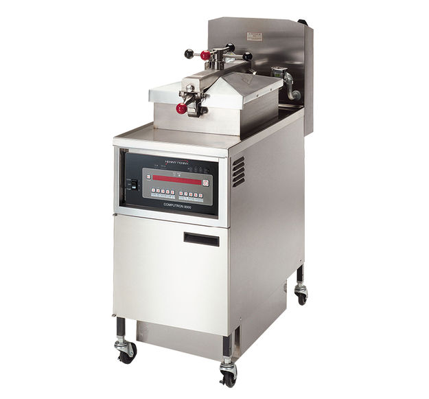 Henny Penny pressure fryer with the lid closed and locked, showing the front control panel.
