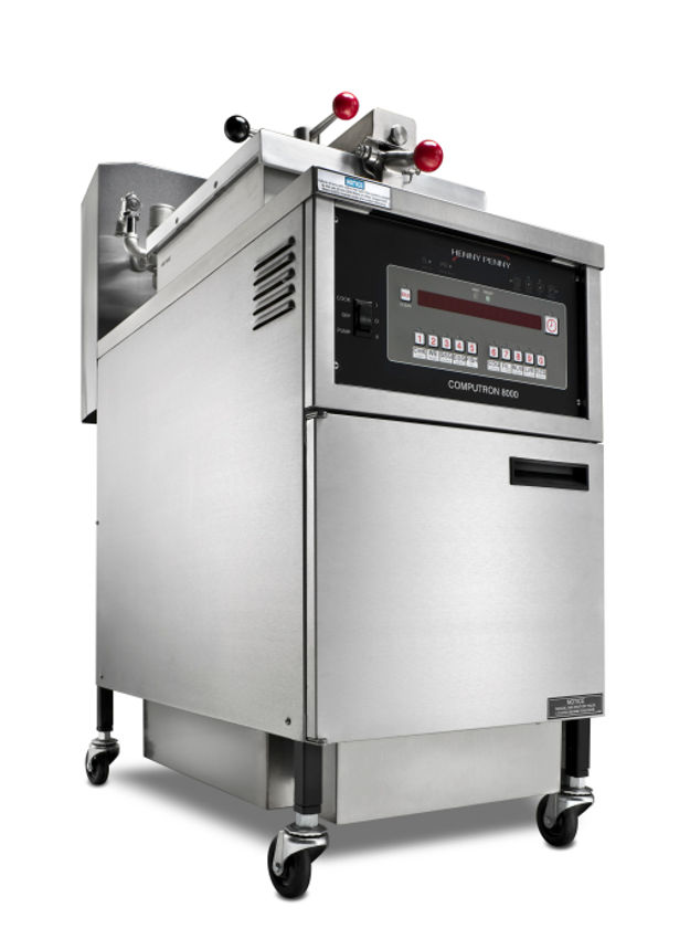 Henny Penny pressure fryer with the lid raised, digital control panel and casters, angled view.