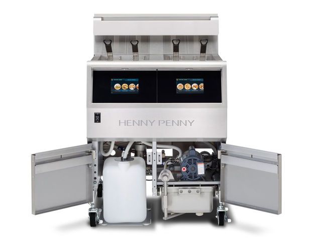 Henny Penny two-well open fryer with the lower cabinet doors open showing the oil filtration system.