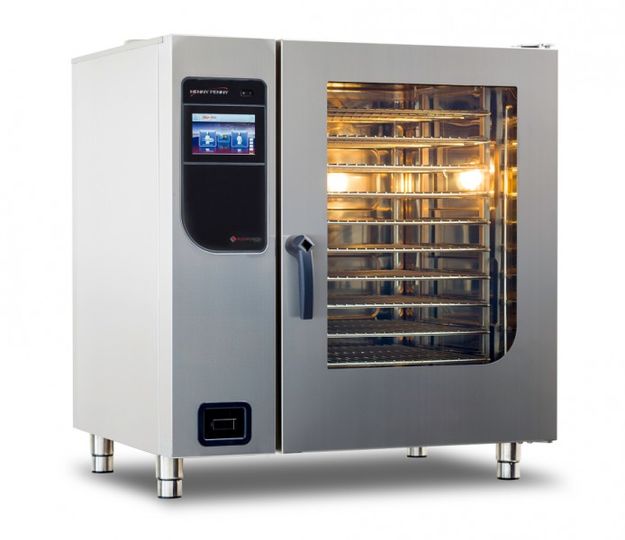 Henny Penny combi oven with touchscreen controls and a lit glass door showing loaded racks.