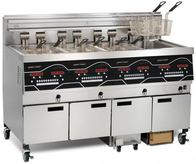 Henny Penny Evolution Elite four-well open fryer with four curved control panels and lift-out baskets.