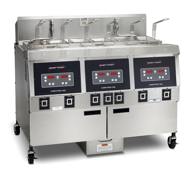 Henny Penny three-well open fryer with Computron controls, lift-out baskets and a filtration cabinet.