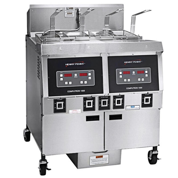 Henny Penny two-well open fryer with Computron controls, lift-out baskets and a filtration cabinet.