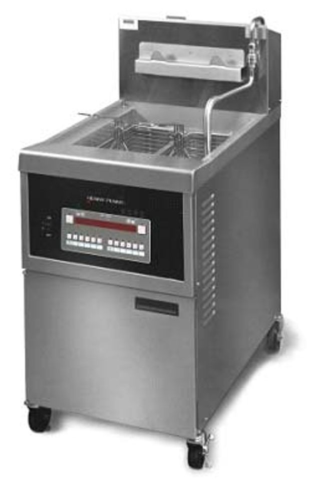 Henny Penny single-well open fryer with a digital control panel on casters.