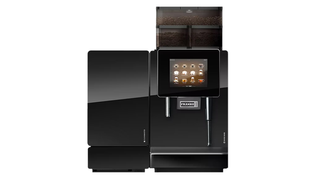 Black Franke A-series bean-to-cup coffee machine with touchscreen and side milk fridge.