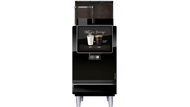 Black Franke bean-to-cup coffee machine with a touchscreen showing a hot beverage graphic.
