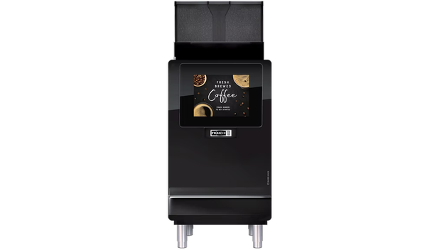 Black Franke bean-to-cup coffee machine with a touchscreen showing a coffee cup graphic.