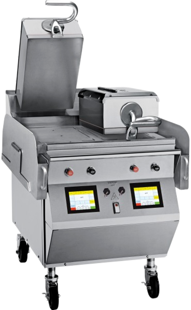 Taylor two-platen clamshell grill with the upper platens raised and dual touchscreen controls.