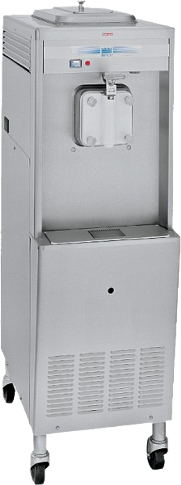 Taylor single-flavour floor-model soft serve machine with one dispensing handle on casters.