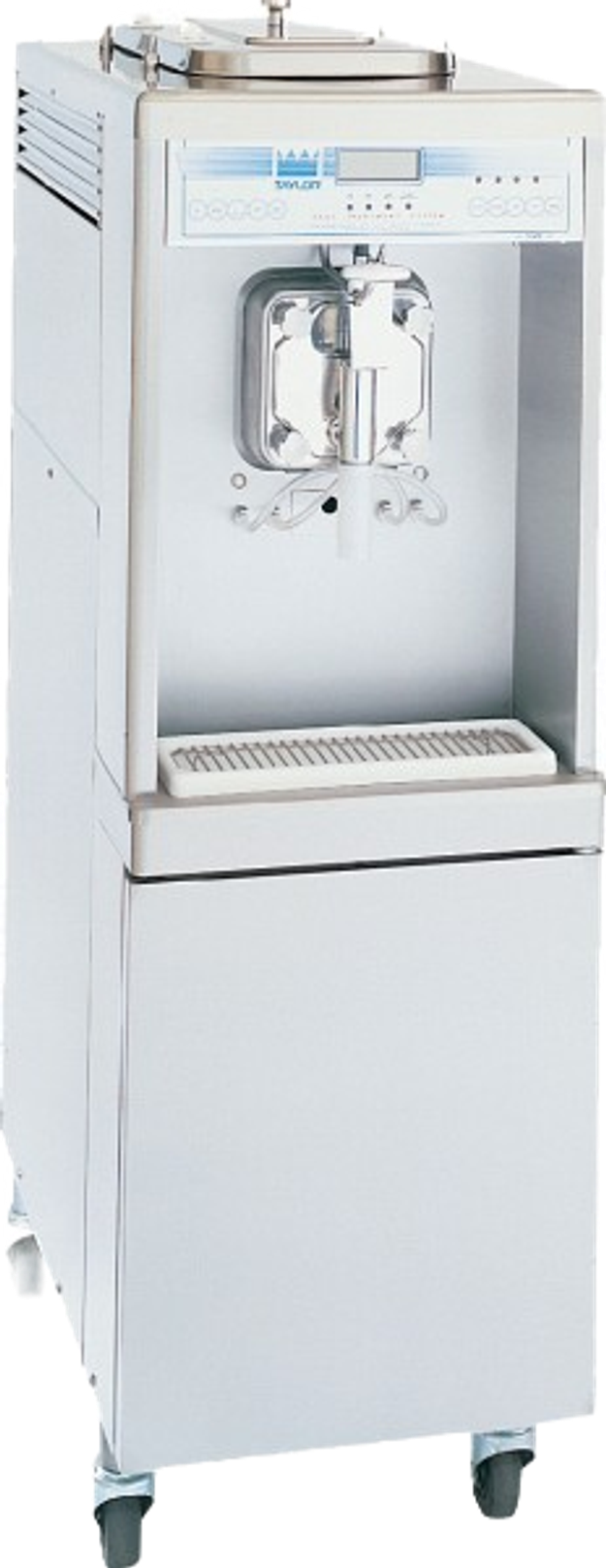 Taylor floor-model twist soft serve machine with two flavour handles and a drip tray on casters.