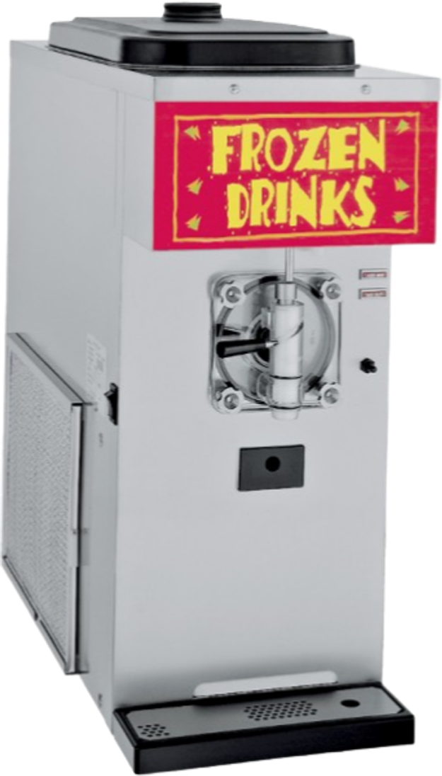 Taylor single-barrel floor-model frozen drink machine with a Frozen Drinks header sign.