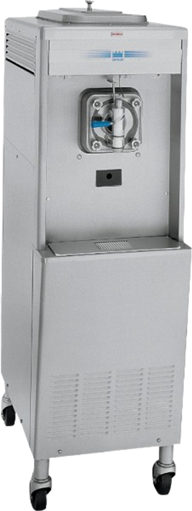 Taylor narrow floor-model twist soft serve machine with three dispensing handles on casters.