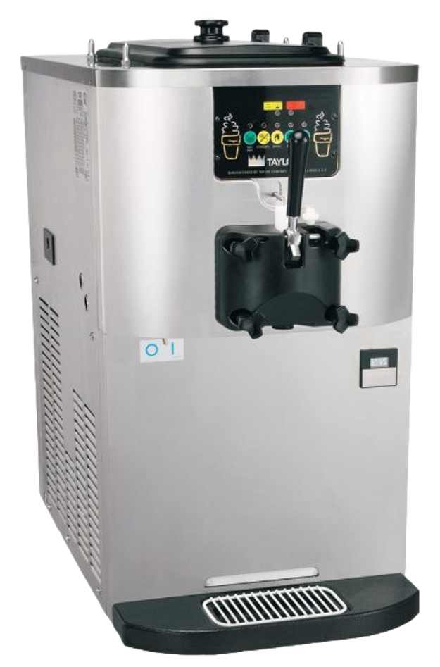Taylor single-flavour countertop soft serve machine with a black control panel and one dispensing handle.