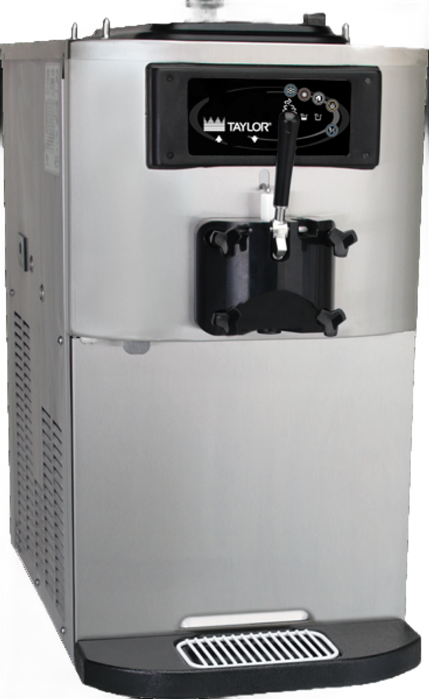 Taylor single-flavour countertop soft serve machine with a dark control panel and one dispensing handle.