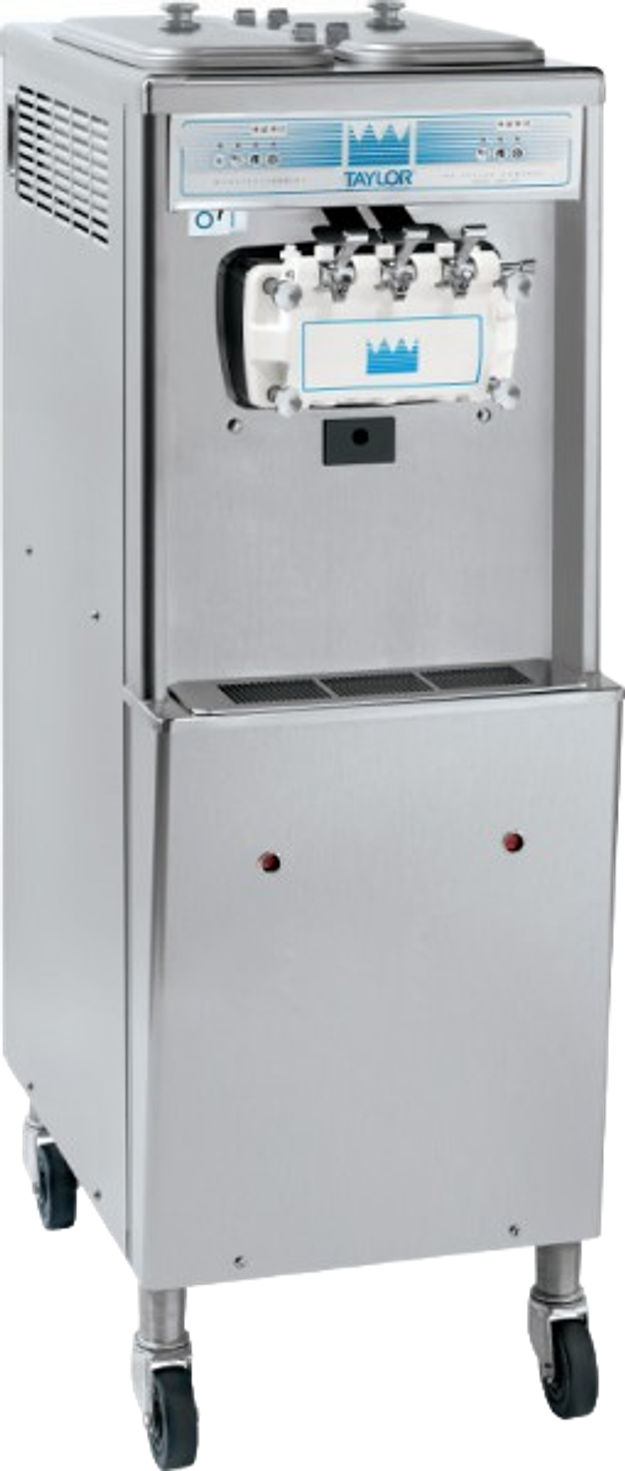 Taylor floor-model twist soft serve machine with three dispensing handles on casters.