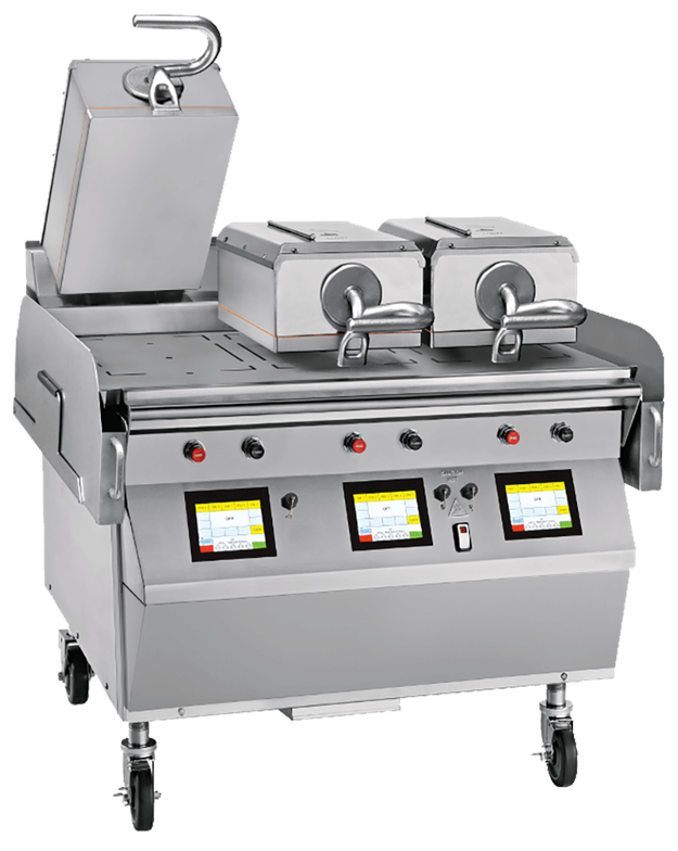 Taylor clamshell grill with three upper platens and three touchscreen controls on casters.