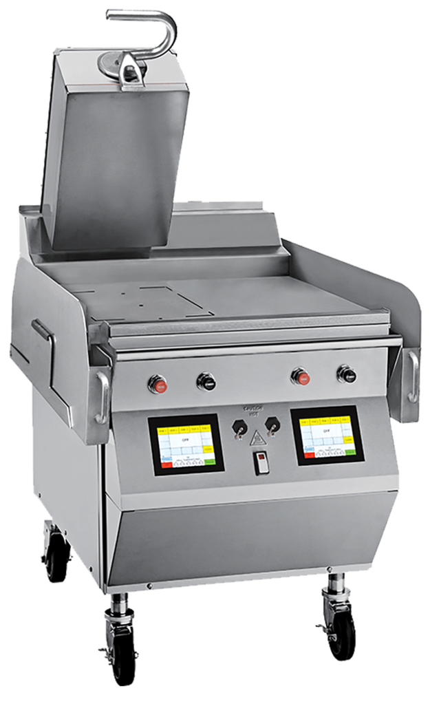 Taylor clamshell grill with a single upper platen and two touchscreen controls on casters.