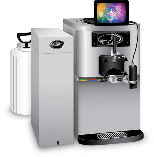 Taylor milkshake machine with flavour syrup canisters and a mounted touchscreen on a white background.