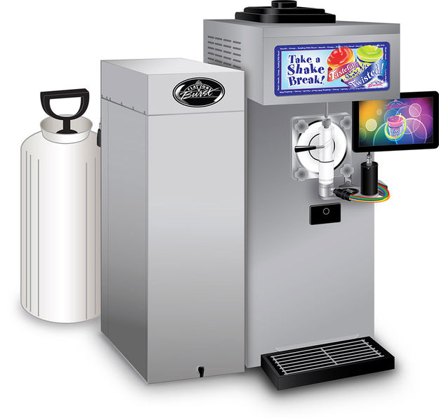 Taylor milkshake machine with flavour canisters, touchscreen and Take a Shake Break header, side view.