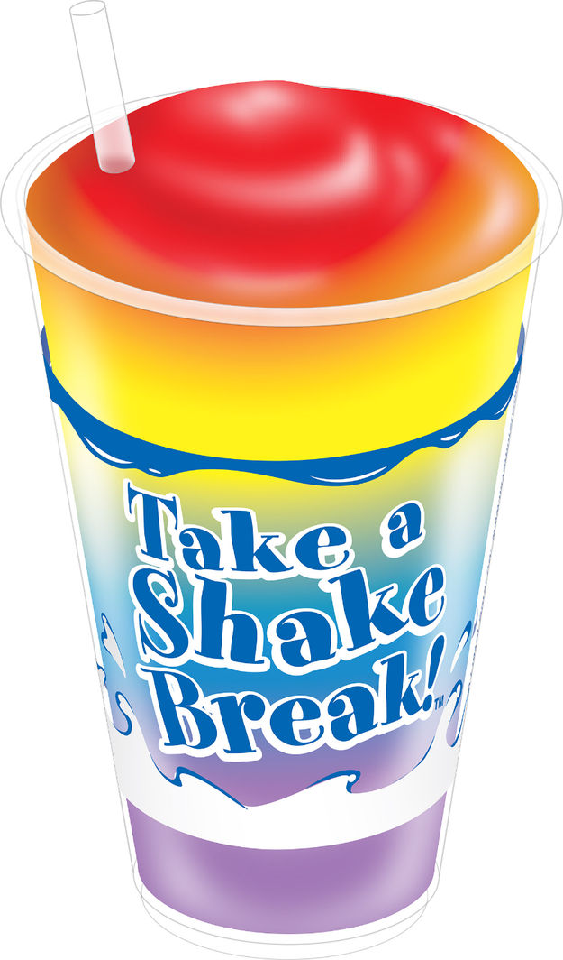 Illustration of a layered rainbow shake cup with a straw and Take a Shake Break text.