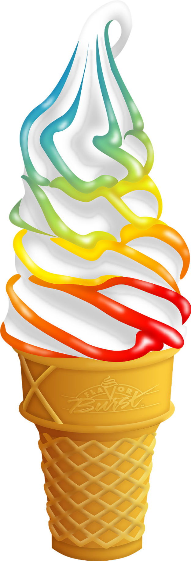 Illustration of a vanilla soft serve cone striped with orange, green, red and blue flavour ribbons.