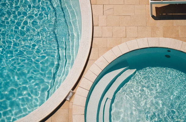 An overhead view of a glistening swimming pool with a partially installed new liner basking in the sunlight.