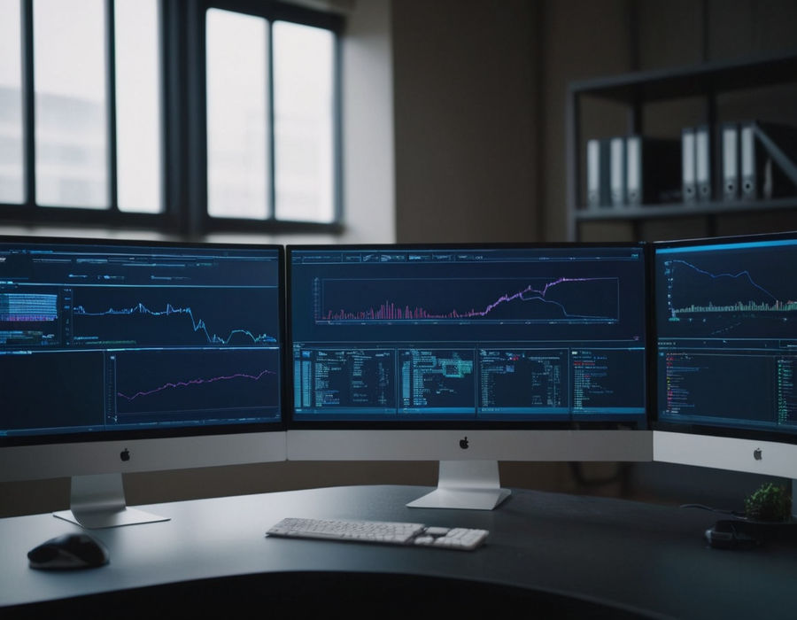 A close-up shot of a modern office workspace featuring a sleek computer setup with AI-driven software displayed on the screen.