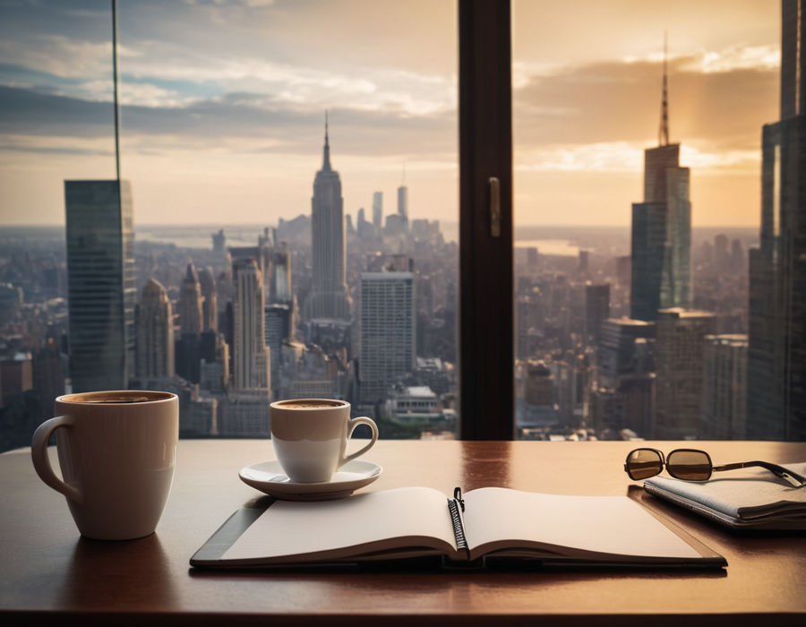 An office desk setup featuring a notebook, pen, and a cup of coffee, with a blurred vision of a cityscape out the window.