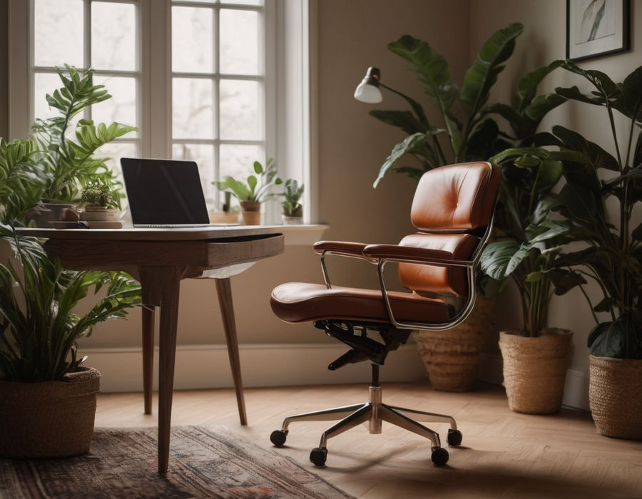 A serene workspace with an ergonomic chair and a plant, highlighting a sense of productivity and focus.