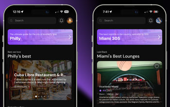 Sceene nightlife discovery iOS mobile app home screens for city guides, with one phone highlighting a purple banner for Philly and a feature card for Cuba Libre Restaurant and Rum Bar and the other showing a Miami 305 banner with a card for ViceVersa Miami, emphasizing mobile app development for curated bar and lounge recommendations.