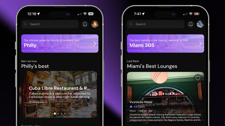 A split-screen image of two mobile phone displays featuring nightlife guides: the left showcases "Philly" with options like "Cuba Libre Restaurant & Rum Bar," and the right highlights "Miami 305" with "ViceVersa Miami." Both screens include navigation features and a dark theme for a modern aesthetic.