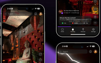 Sceene iOS app vertical video feed of a nightlife venue with an overlay asking “Did you like this content?” and Like, Dislike, and Skip buttons, illustrating social feedback features for a nightlife discovery mobile app.