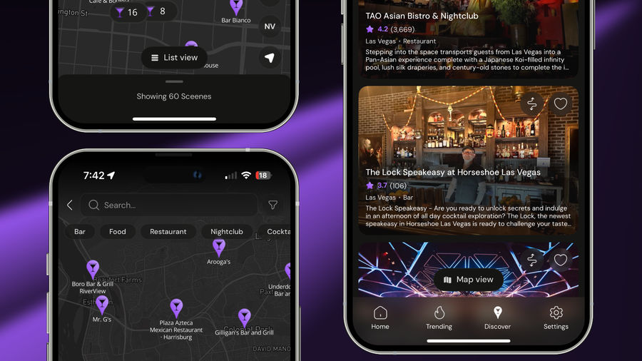 A smartphone display showcasing a nightlife app interface with a map view, featuring pins for various bars and restaurants. The app highlights two venues: TAO Asian Bistro & Nightclub with a 4.2 rating and The Lock Speakeasy at Horseshoe Las Vegas with a 3.7 rating, along with user options for list and map views, and navigation icons at the bottom.