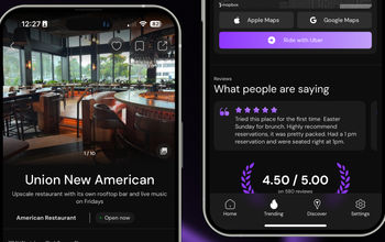 Detailed venue profile screen in the Sceene mobile app featuring Uber ride integration, user reviews, and star ratings for local restaurants.