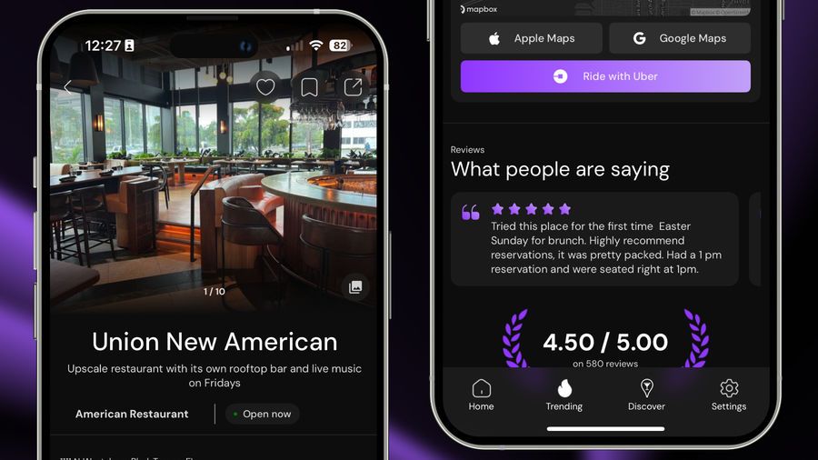 Screenshot of a mobile app showcasing "Union New American," an upscale restaurant with a rooftop bar and live music on Fridays. The left side features a stylish interior photo, while the right side displays user reviews with a 4.5 out of 5 star rating from 580 reviews, highlighting a positive brunch experience.
