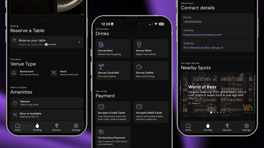 Three smartphone screens displaying a venue mobile app interface. The first screen features options to reserve a table, with the "Reserve your table" button using OpenTable. The second screen lists drink options including beer, wine, cocktails, and coffee, each with a brief description. The third screen provides contact details, including phone number, website, and address, as well as options for amenities like takeout and dine-in. Nearby locations are suggested, highlighting "World of Beer."