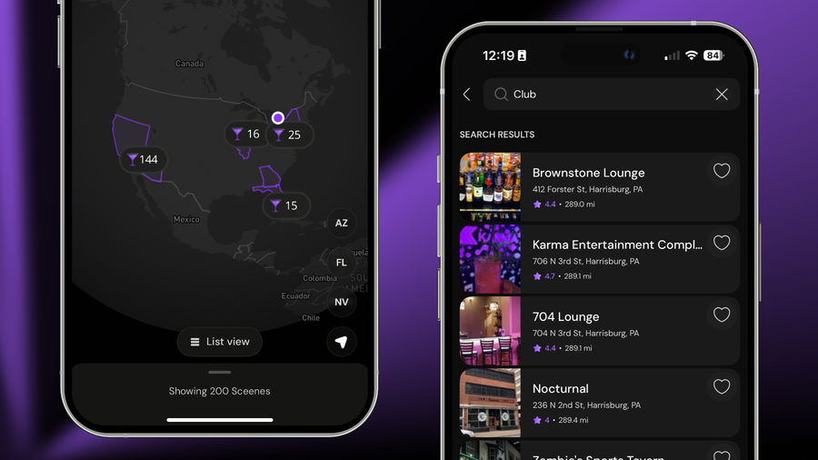 A smartphone displaying a map of North America with markers indicating nightlife venues, alongside a list view of clubs in Harrisburg, PA, featuring ratings and distances. The screen shows options to search for clubs and lists bar names such as Brownstone Lounge and Karma Entertainment Complex.