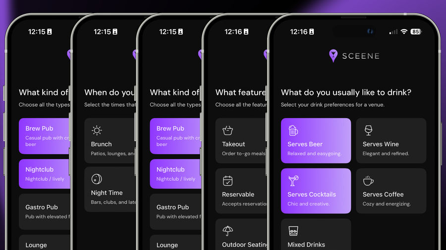 Four smartphone screens display a user interface for venue selection in an app named "Sceene", The screens prompt users to choose venue types (Brew Pub, Nightclub, Gastro Pub, Lounge), feature preferences (Takeout, Reservable, Outdoor Seating), and drink preferences (Serves Beer, Serves Wine, Serves Cocktails, Serves Coffee). The design features a dark background with purple accents and clear, modern text.