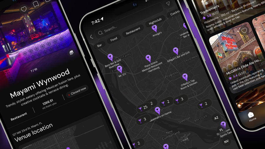 A smartphone screen displaying a map of restaurants and nightlife venues, featuring the trendy eatery Mayami Wynwood, with its description and distance from the user. The dark-themed interface includes various location pins indicating different establishments like bars and nightclubs.