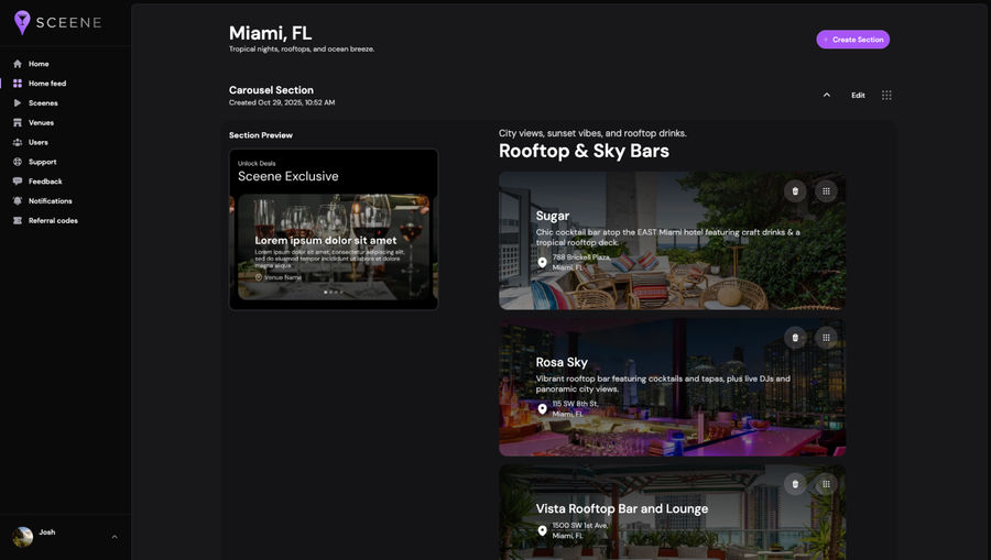 Screenshot of a mobile app interface for "Sceene" featuring rooftop and sky bars in Miami, FL. Sections include a carousel for exclusive deals, and listings for Sugar, Rosa Sky, and Vista Rooftop Bar and Lounge, with descriptions, addresses, and vibrant imagery highlighting city views and cozy atmospheres.