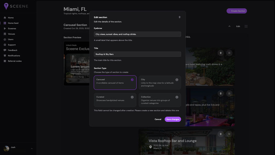 Screenshot of a user interface for a mobile application called "Sceene" featuring options to edit a section titled "Rooftop & Sky Bars." Includes fields for eyebrow text, section type with options for carousel, city, curated, and collection, and a section preview displaying venue information. The interface is themed in dark mode with various navigation options on the left sidebar.