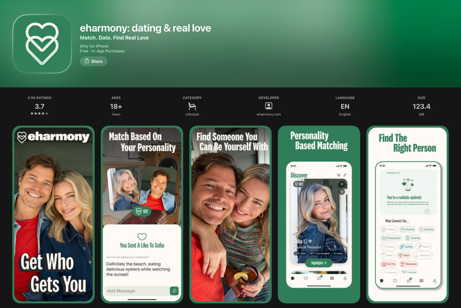 Apple App Store listing for eHarmony dating app with green themed screenshots promoting personality based matching, finding someone you can be yourself with, and long term real love.