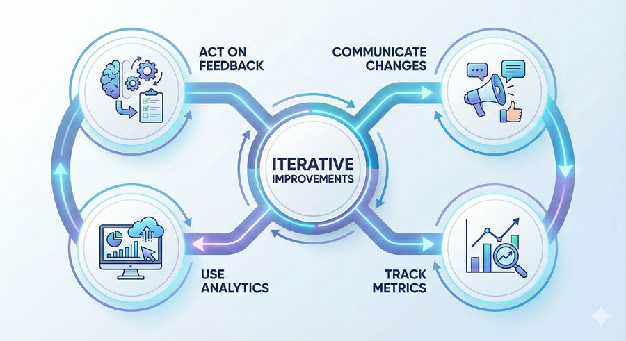 Infographic illustrating a four-stage iterative improvement process: Act on Feedback with a brain icon and checklist, Communicate Changes with a megaphone and thumbs up, Track Metrics with a rising bar graph and magnifying glass, and Use Analytics with a desktop monitor displaying charts and cloud data. Arrows connect the stages in a continuous loop around a central hub labeled