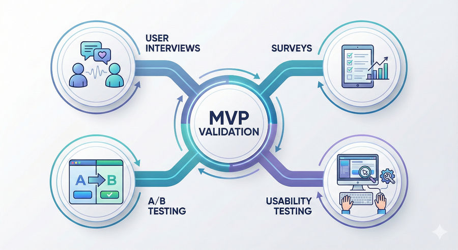 Infographic showing a four-step MVP validation cycle: User Interviews with speech bubbles, Surveys with a checklist on a tablet, A/B Testing with split screens and a checkmark, and Usability Testing with hands on a keyboard and a magnifier on a screen. All steps are connected by arrows flowing into a central hub labeled