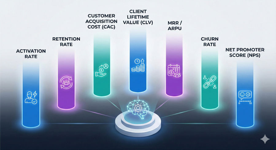 Infographic displaying the 7 Essential Pillars of Quantitative MVP Data. The modern visual maps out key startup KPIs including Activation Rate, Retention Rate, Customer Acquisition Cost (CAC), Client Lifetime Value (CLV), Monthly Recurring Revenue (MRR), Churn Rate, and Net Promoter Score (NPS).