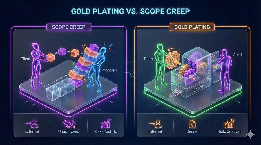 A 3D infographic comparing Gold Plating and Scope Creep. The left panel, labeled "Scope Creep," shows a purple client figure repeatedly handing blocks to a struggling blue manager figure, causing a stack to collapse, with icons indicating "External Origin," "Unapproved," and "Risk/Cost Up." The right panel, labeled "Gold Plating," shows a green team member secretly adding a golden gear to a glass machine while the client looks away, with icons indicating "Internal Origin," "Secret," and "Risk/Cost Up."